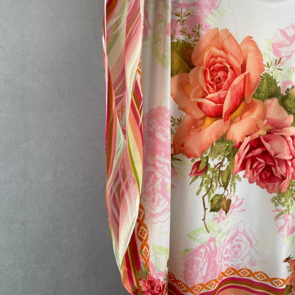 VTG Lavish Floral Rose Print Kaftan Blouse White Pink Orange Striped L USA Made - Picture 9 of 12